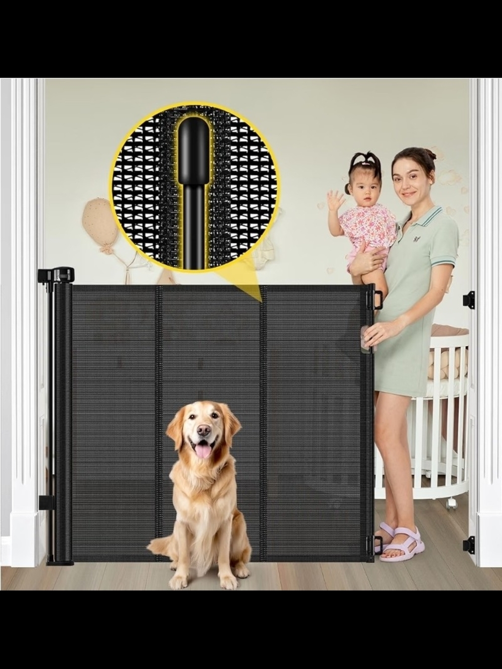 Black Retractable Safety Gate for Pets & Kids
